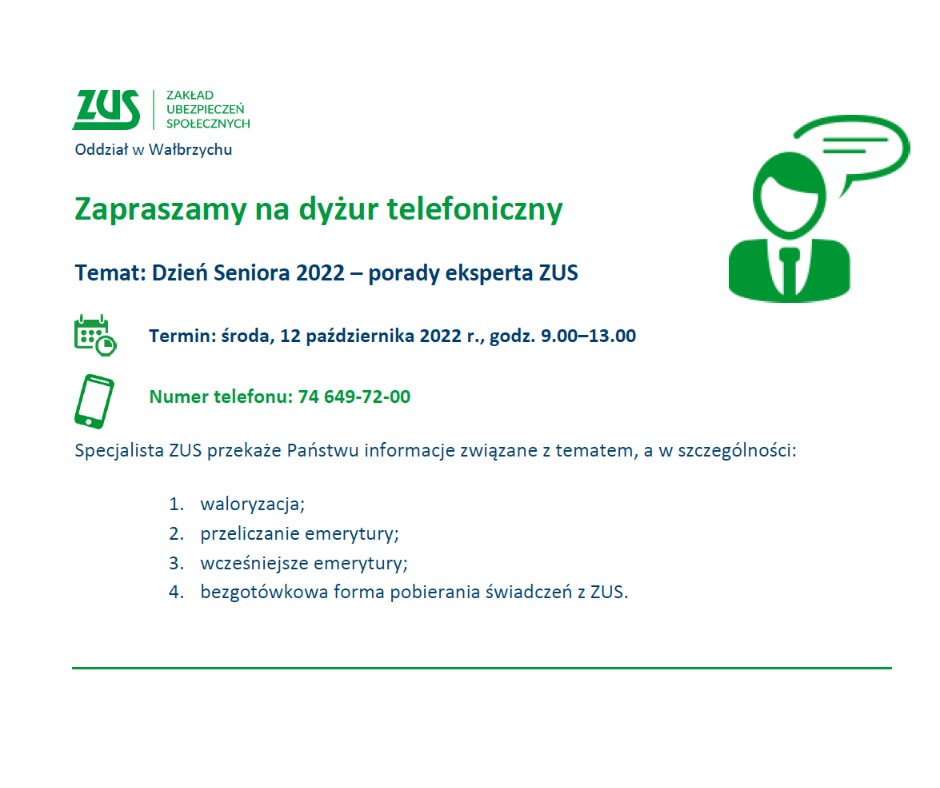 Dyżur telefoniczny ZUS w ramach Dni Seniora październik 2022