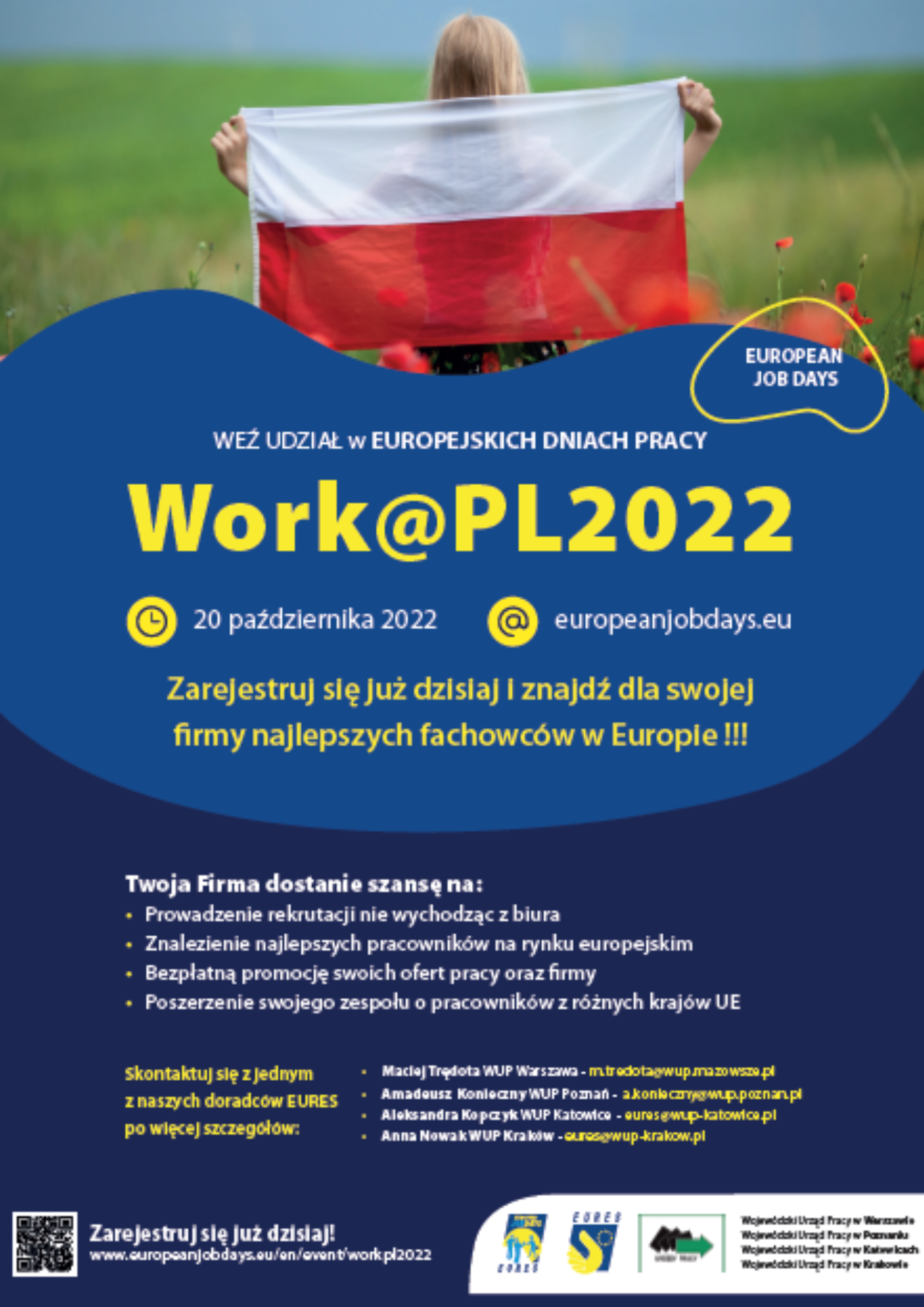 Europejskie Dni Pracodawcy 2022 - plakat promujący wydarzenie organizowane w dniu 22.10.2022 w ramach działań sieci EURES