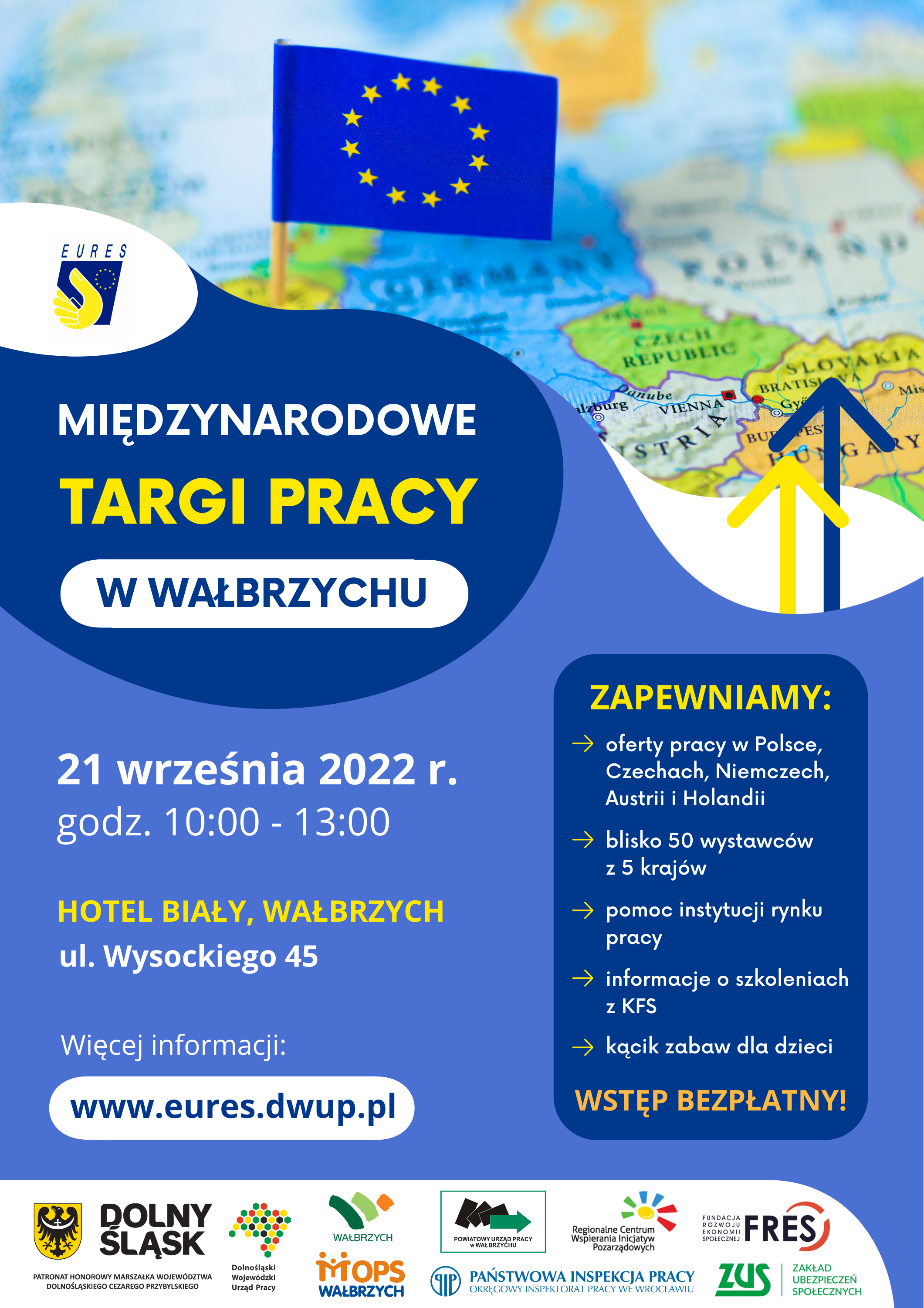 Plakat promujący Międzynarodowe Targi Pracy organizowane w dniu 21 wrzęśnia 2022r. w Hotelu Biały